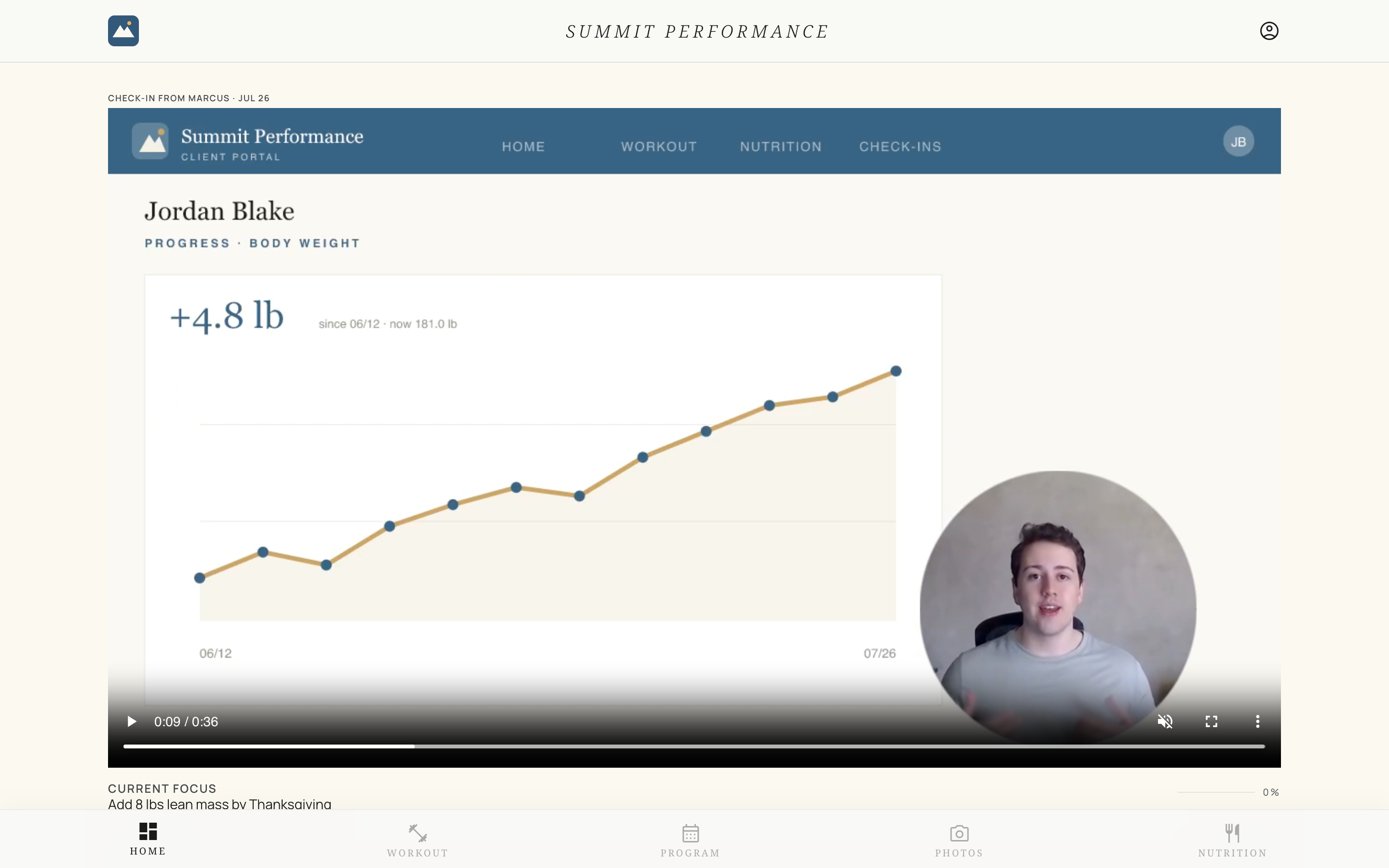 A client's home screen: their coach's weekly video check-in playing at the top