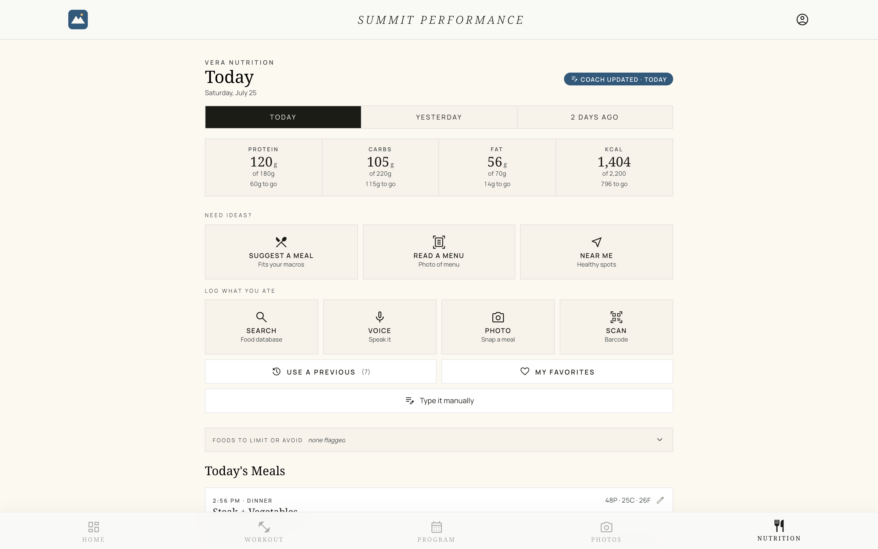 Client nutrition page: daily macro budget bars against coach-set targets