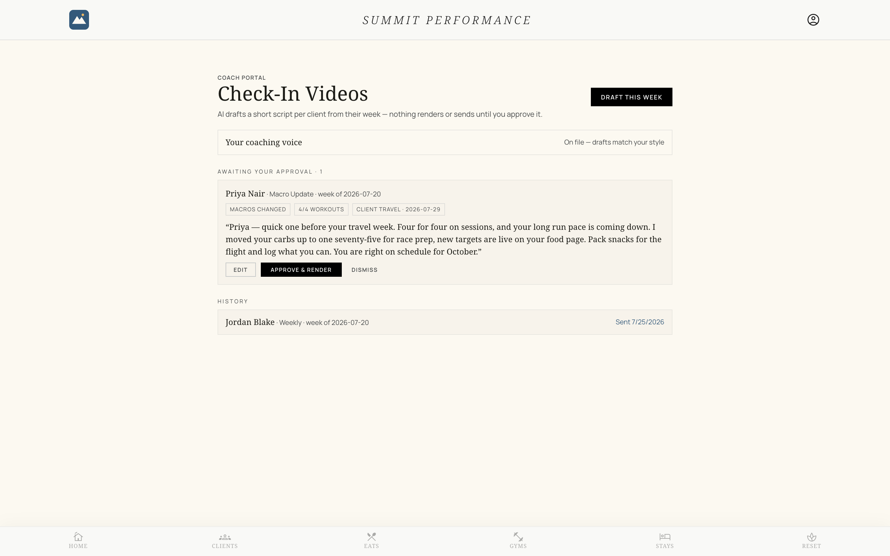 The coach's approval queue: an AI-drafted check-in with data receipts awaiting approval