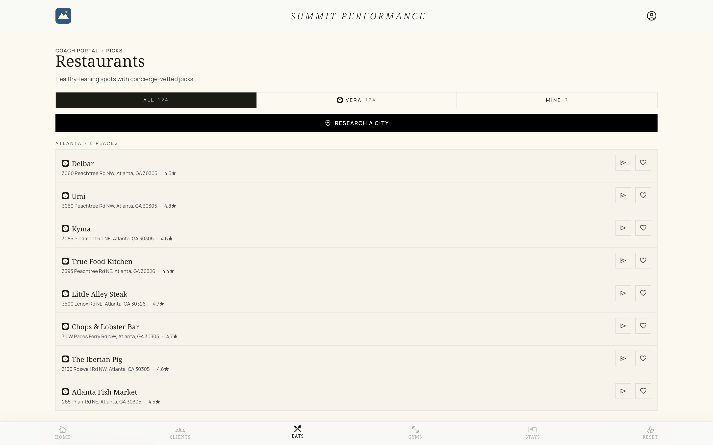 The coach's Eats concierge: researched restaurant picks by city with send-to-client buttons