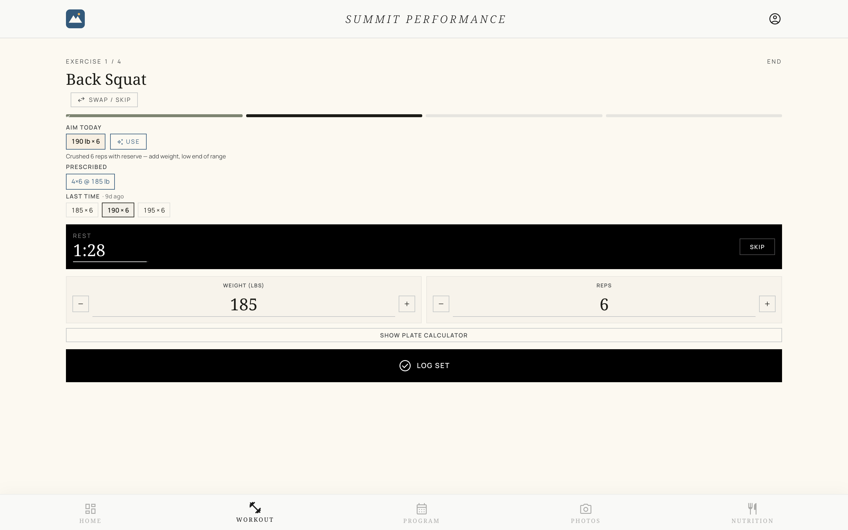 The live workout player: Back Squat with rest timer running and AI-recommended next load