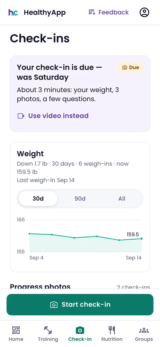 Phone: check-ins — this week's check-in due, about three minutes for weight, three photos and a few questions, Use video instead, and a 30-day weight trend