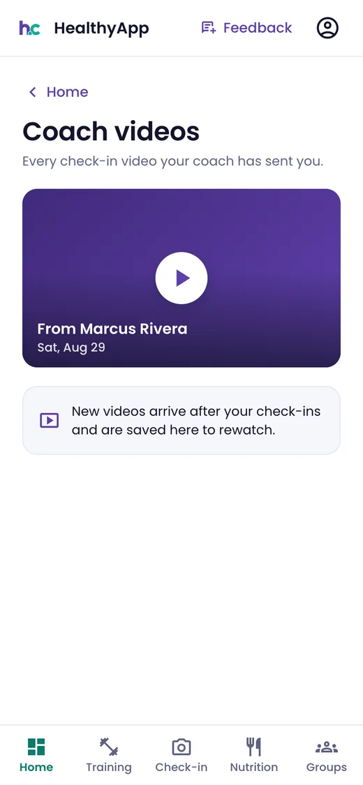 Phone: Coach videos — every check-in video the coach has sent, with the latest from Marcus Rivera ready to play