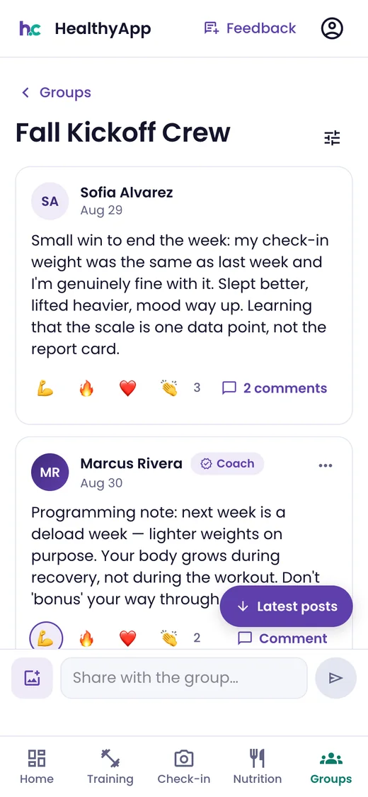 Phone: a group feed — a client's post about a good week with reactions and comments, and the coach's programming note about next week's deload