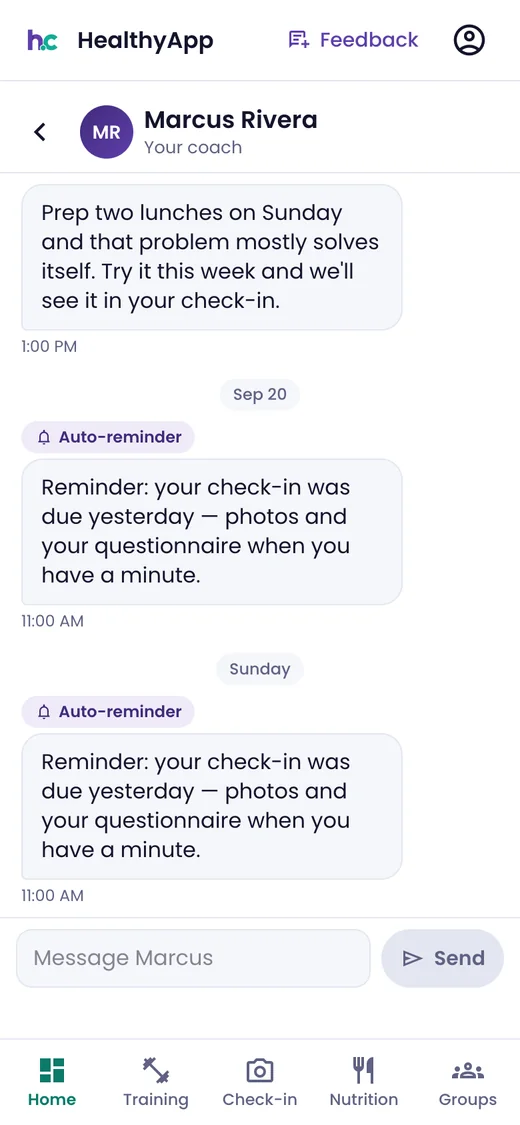 Phone: the client's thread with coach Marcus Rivera — a coaching note about prepping lunches and automatic check-in reminders