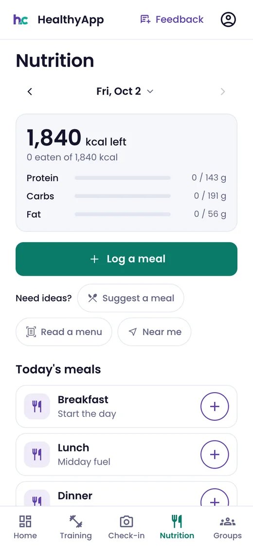 Phone: nutrition — 1,840 kcal left, protein, carbs and fat against target, Log a meal, Suggest a meal, Read a menu, Near me, and today's meals