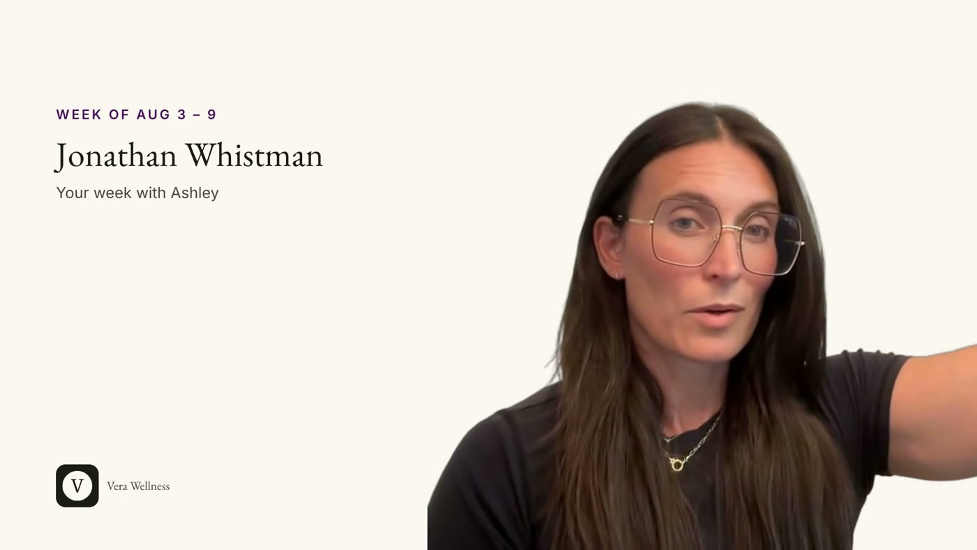 Check-in video frame: the coach on camera beside the client's name, the dated week, and her own logo