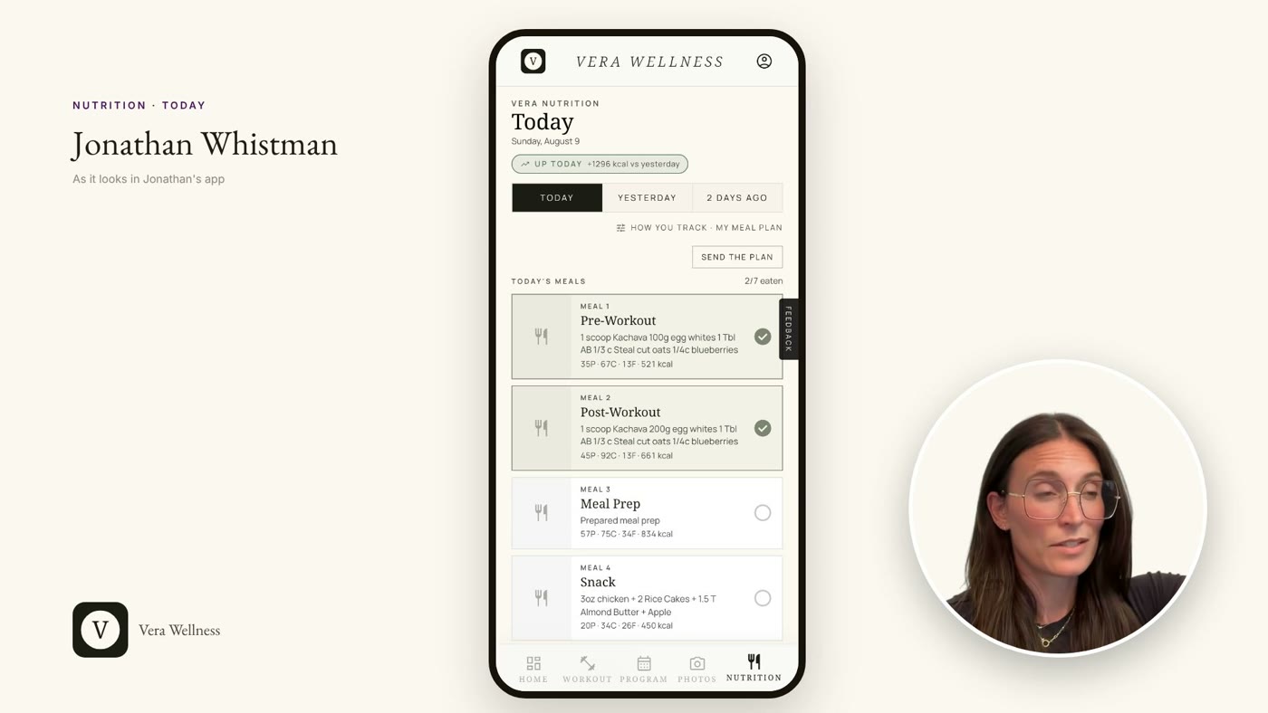 Check-in video frame: the client's own phone screen with the coach speaking in a corner bubble